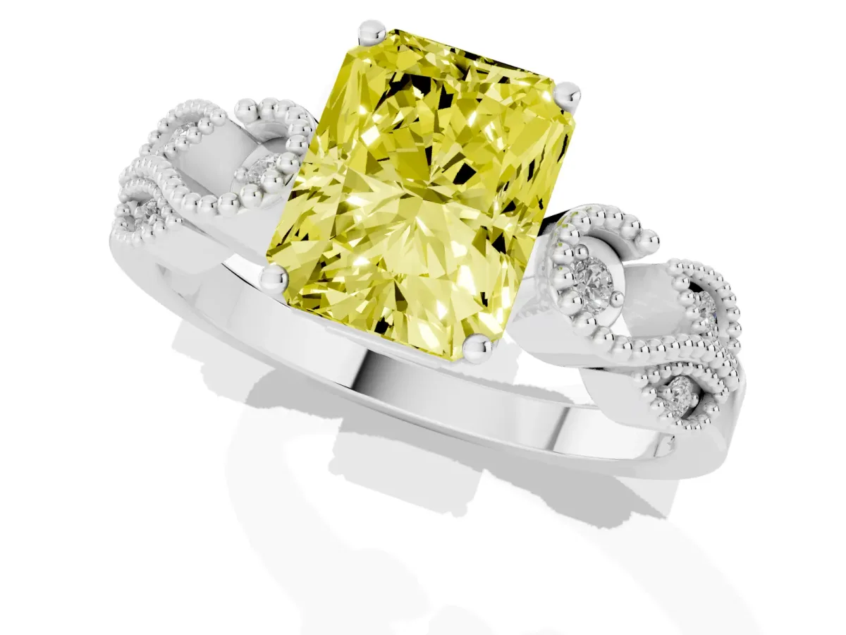 Fancy Yellow Radiant Cut Solitaire Milgrain Leaf Band with Prong Setting Platinum