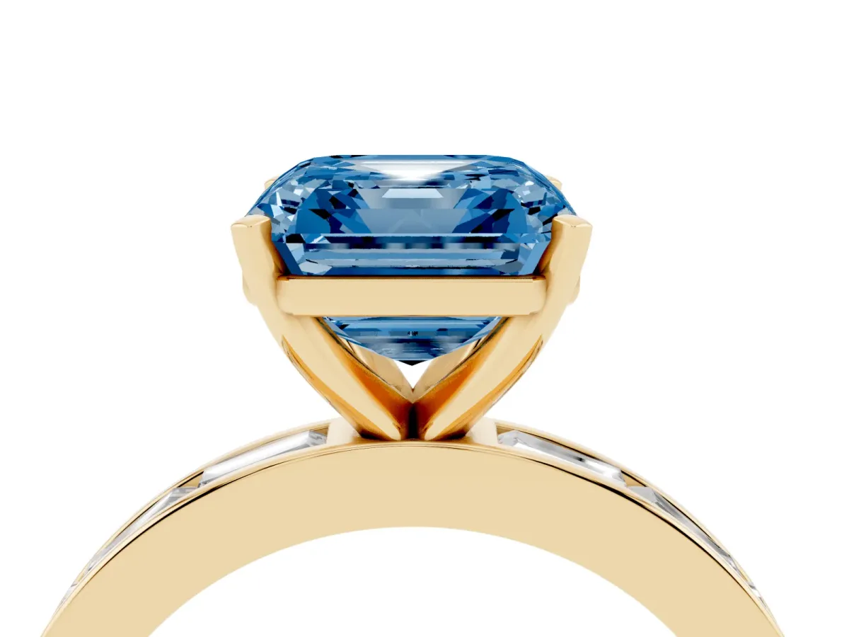 Fancy Blue Asscher Cut Solitaire Diamond Ring with Channel-Set Baguette Band and Four-Prong Setting Yellow gold