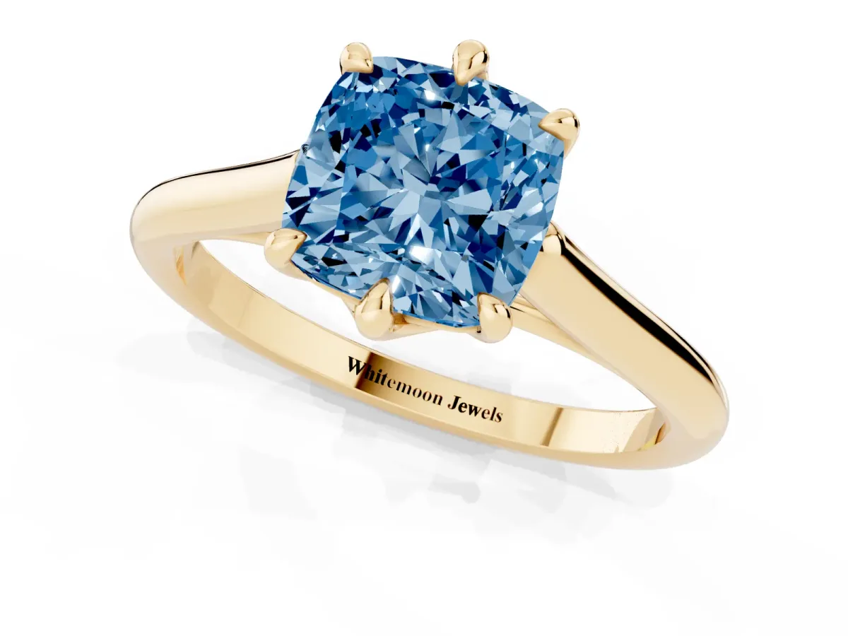 Fancy Blue Cushion Cut Solitaire Engagement Ring with Six-Prong Setting and Classic Band Yellow gold