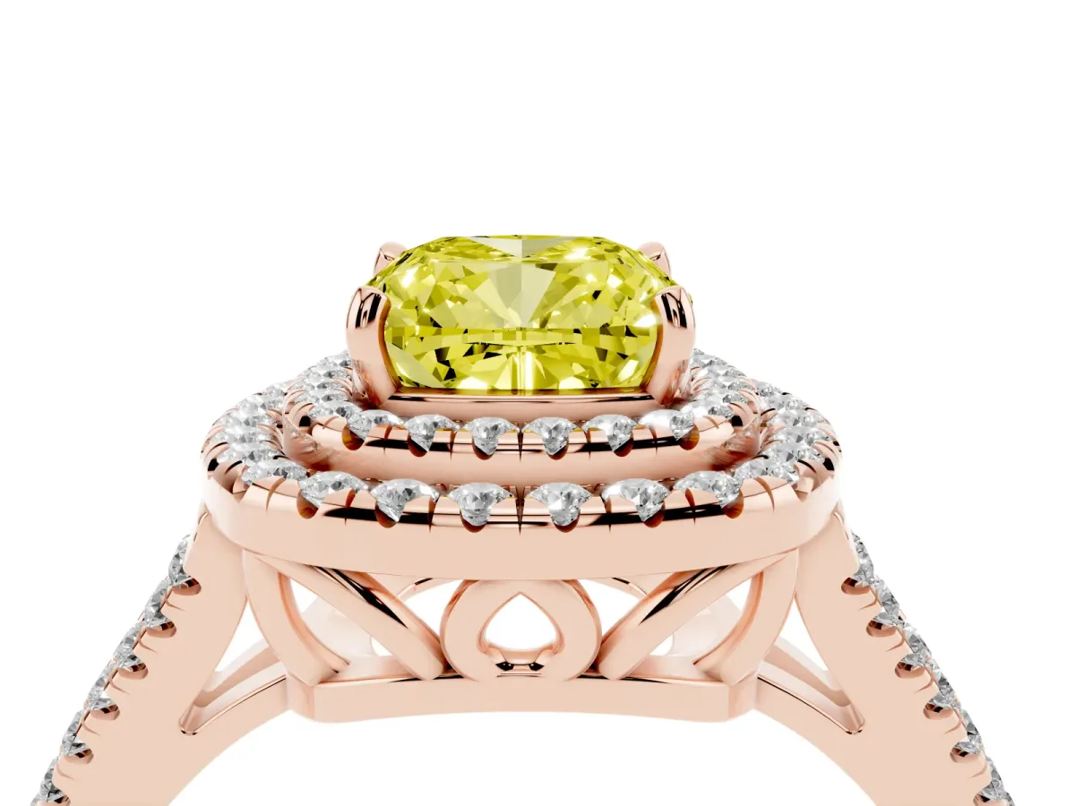 Fancy Yellow Cushion Cut Diamond Double Halo Ring with Pavé Band and Prong Setting Rose gold