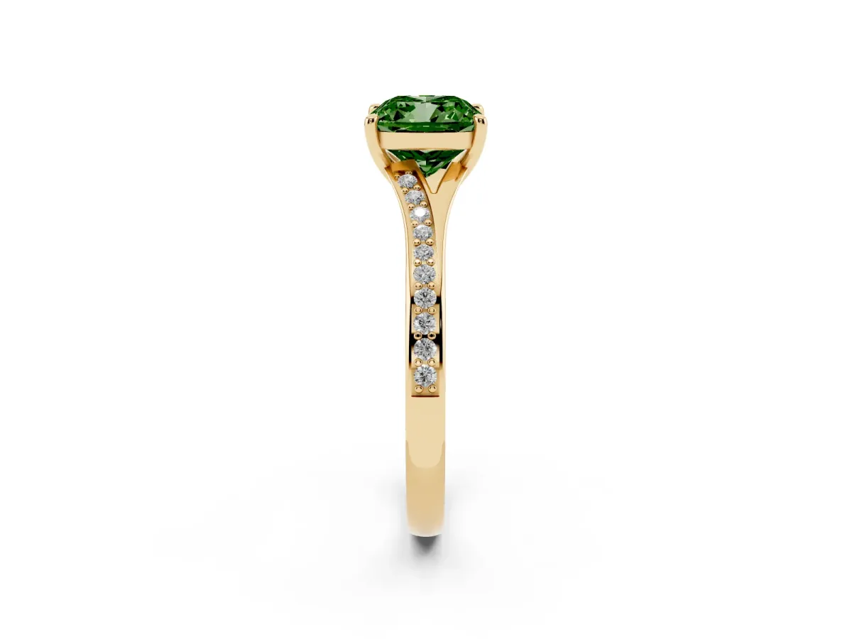 Fancy Green Cushion Cut Diamond Solitaire Ring with Pavé Band and Prong Setting Yellow gold