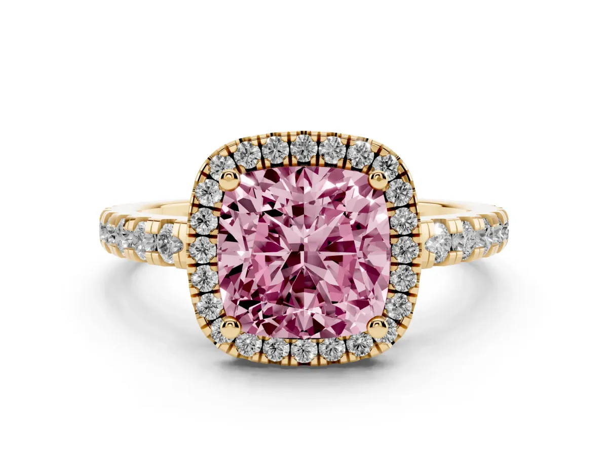 Fancy Pink Cushion Cut Diamond Halo Ring with Pavé Band and Four-Prong Setting Yellow gold