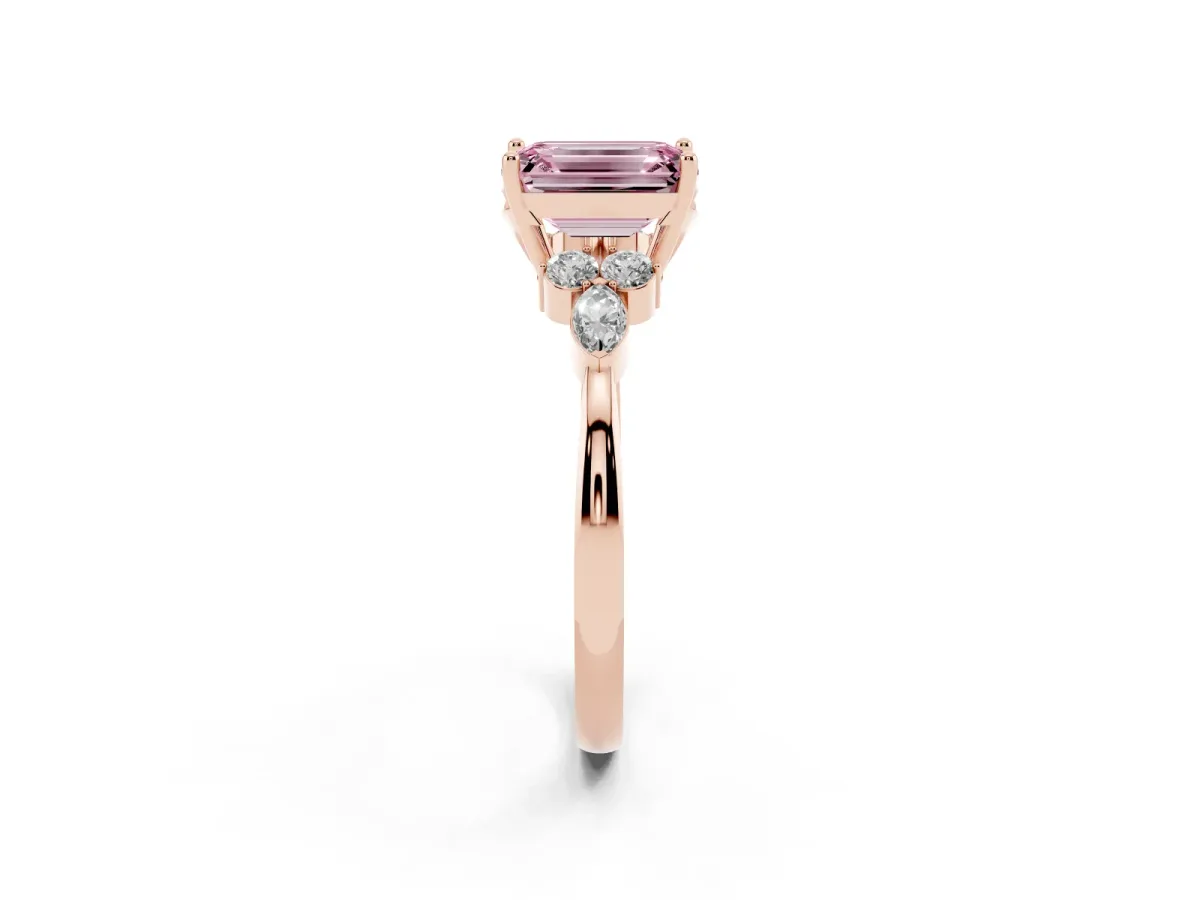 Fancy Pink Emerald Cut Brilliant Diamond Solitaire Ring with Pear Side Stones and Four-Prong Setting Rose gold