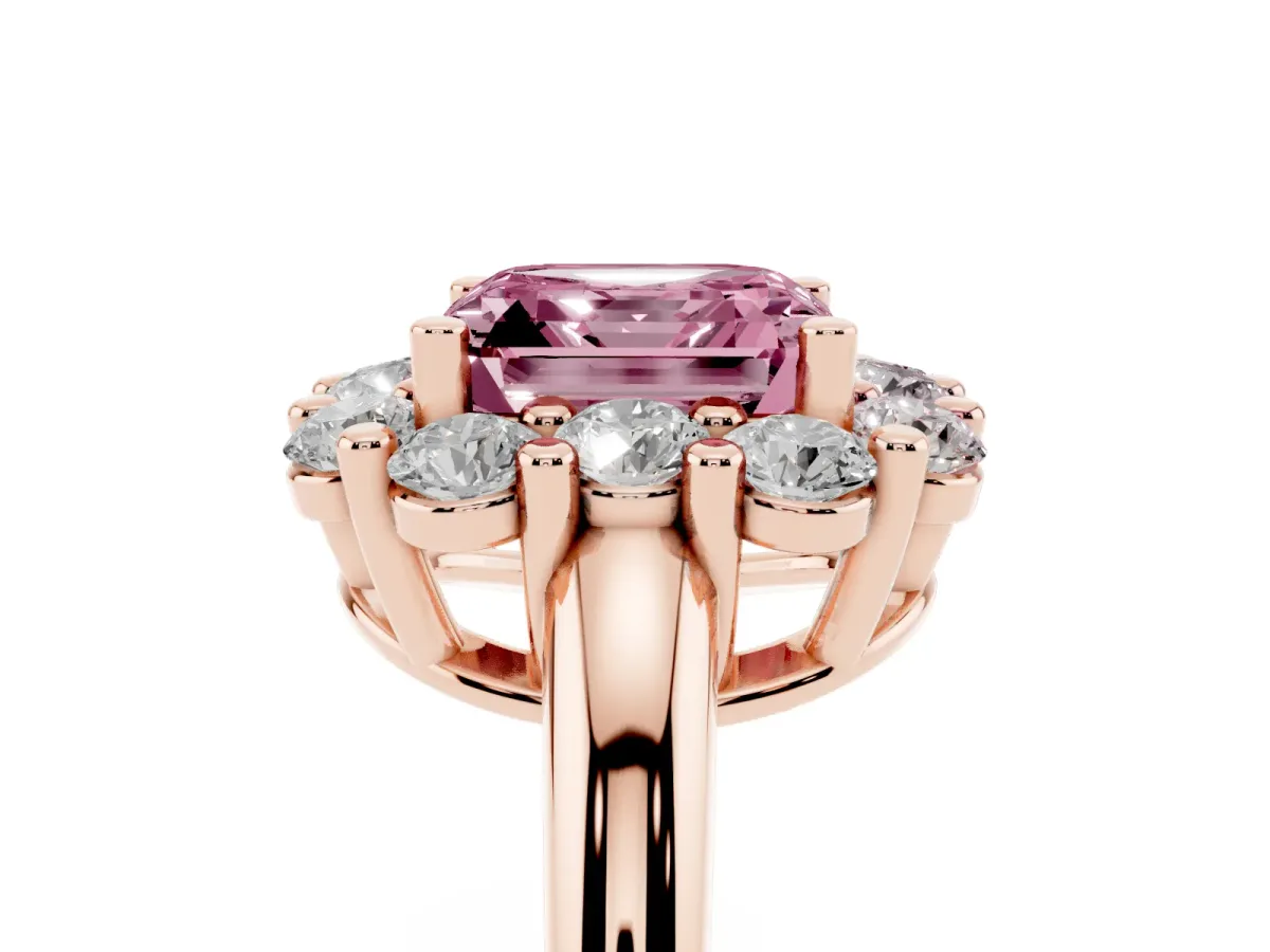 Fancy Pink Asscher Cut Halo Cluster Diamond Engagement Ring with Prong Setting and Polished Band Rose gold