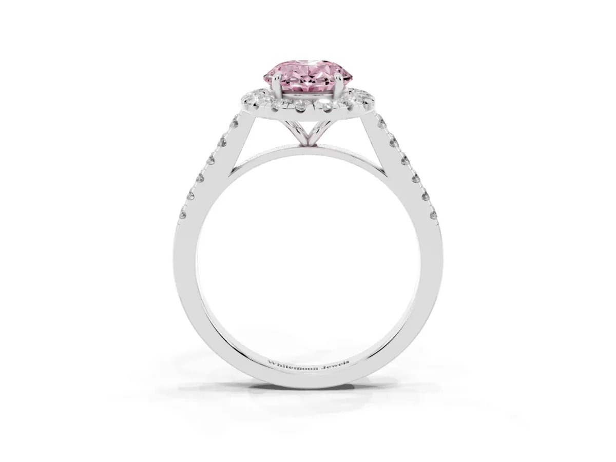 Fancy Pink Oval Cut Halo Pave Diamond Engagement Ring with Four-Prong Setting Silver