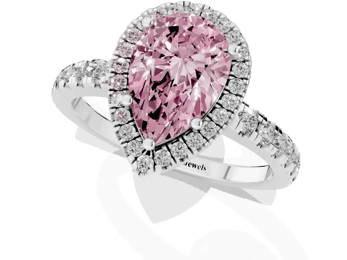 Fancy Pink Pear Cut Diamond Halo Ring with Pavé Band and Four-Prong Setting Platinum