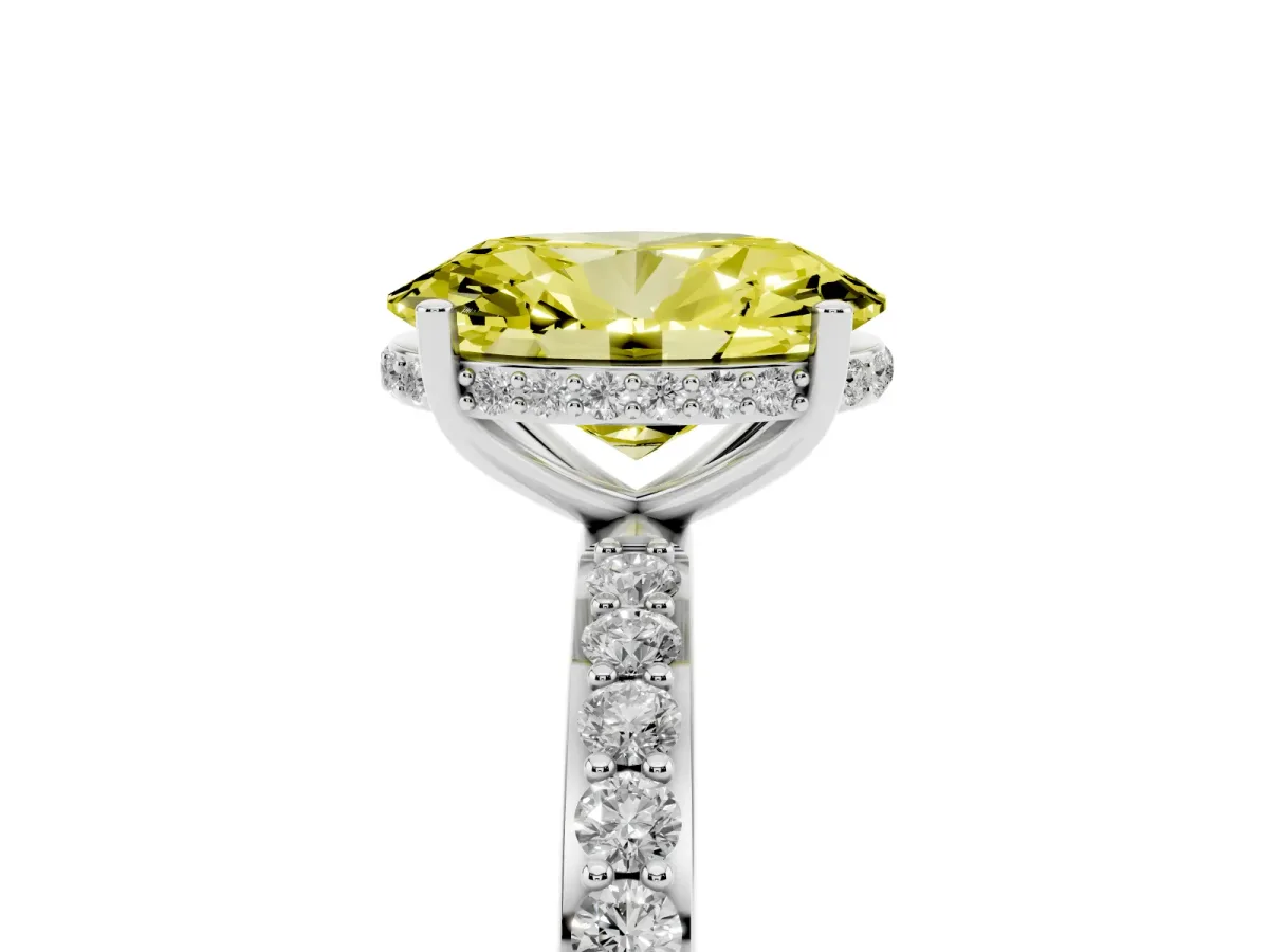 Fancy Yellow Oval Cut Diamond Solitaire Ring with Pavé Band and Hidden Halo Silver