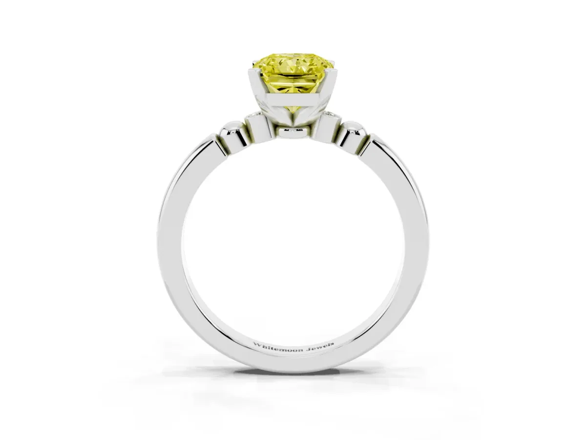 Fancy Yellow Radiant Cut Solitaire Beaded Band with Four-Prong Setting Silver