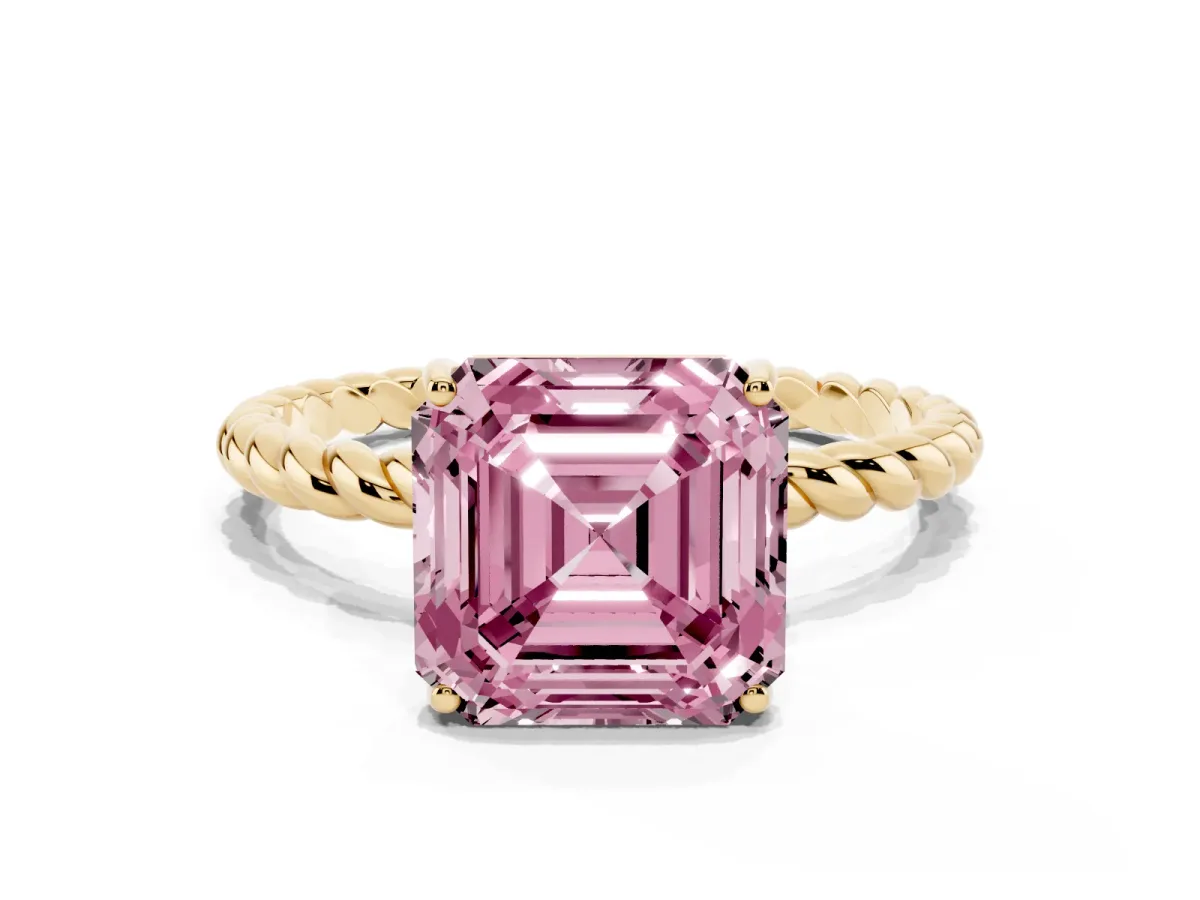 Fancy Pink Asscher Cut Solitaire Twist Band Ring with Four-Prong Setting Yellow gold