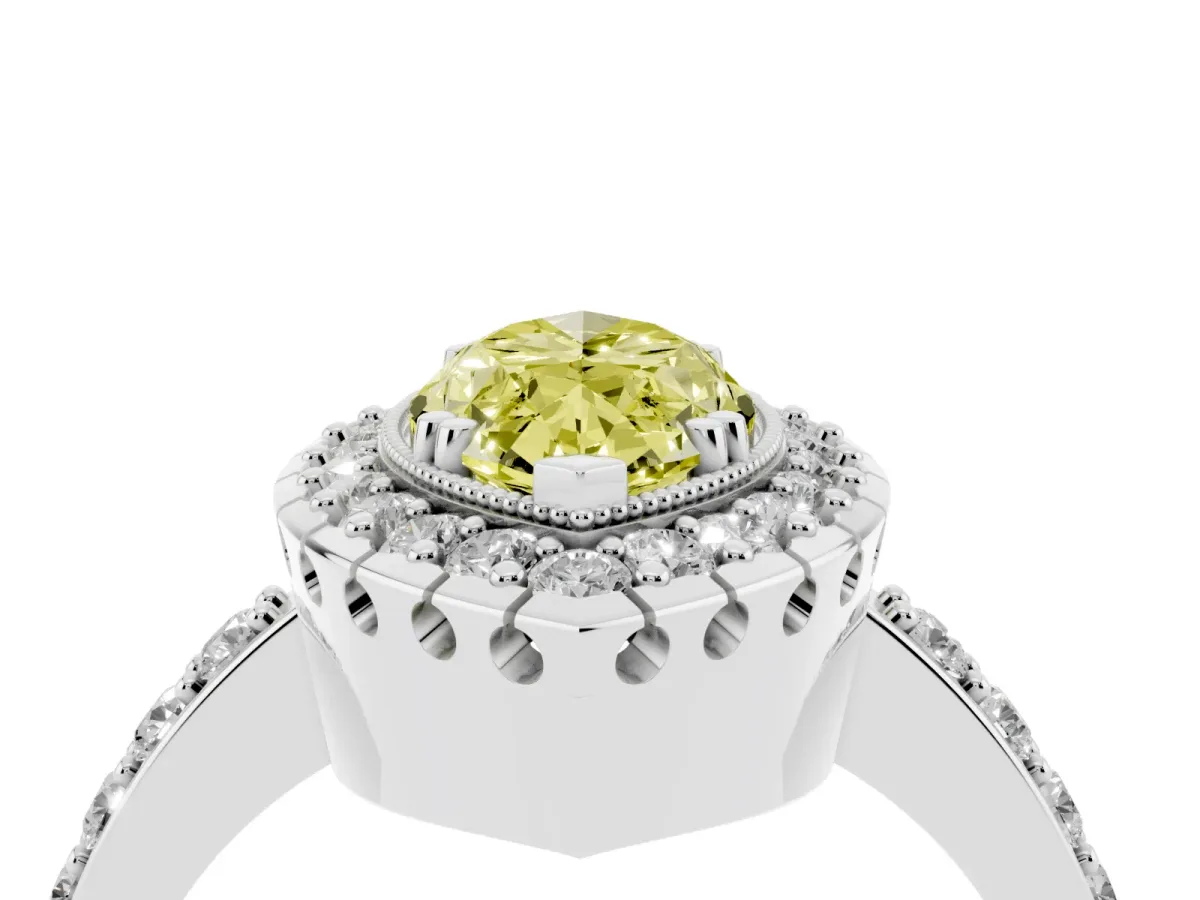 Fancy Yellow Marquise Cut Diamond Halo Ring with Pavé Band and Prong Setting White gold