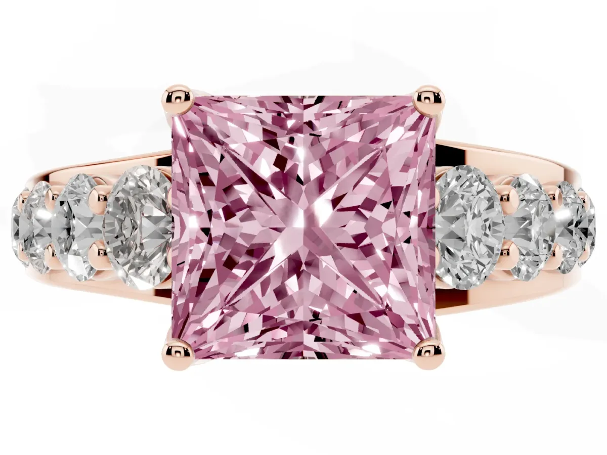 Fancy Pink Princess Cut Diamond Engagement Ring with Pavé Band and Four-Prong Setting Rose gold