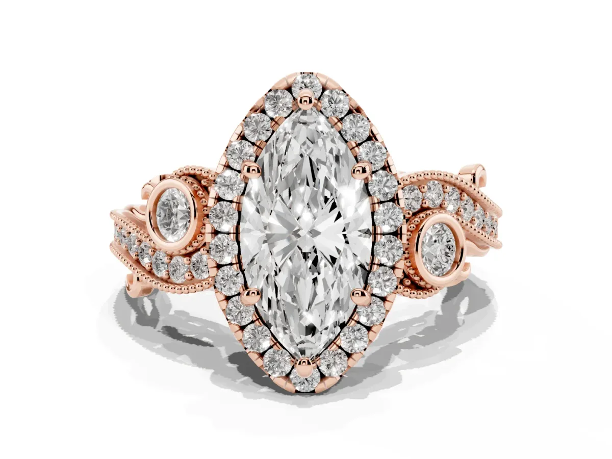 Marquise Cut Diamond Halo Ring with Milgrain Pavé Band and Four-Prong Setting Rose gold