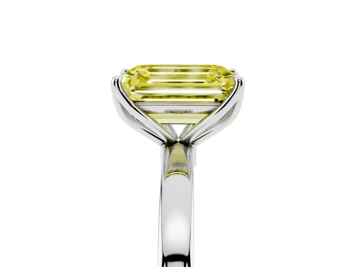 Fancy Yellow Emerald Cut Diamond Solitaire Ring with Thin Band and Prong Setting Silver