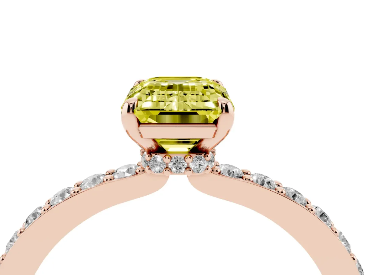 Fancy Yellow Emerald Cut Diamond Pavé Engagement Ring with Round Accents and Prong Setting Rose gold