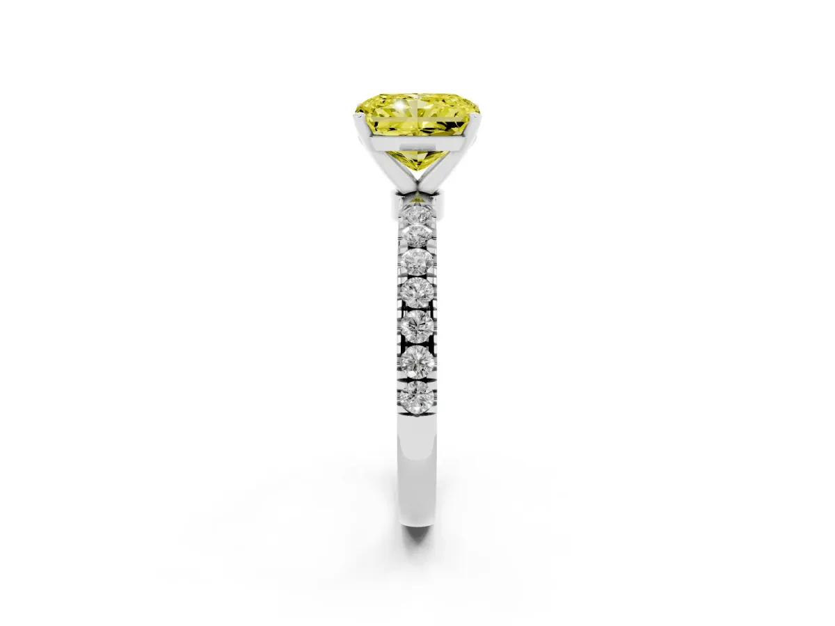 Fancy Yellow Radiant Cut Diamond Solitaire Ring with Pavé Accents and Four-Prong Setting Platinum