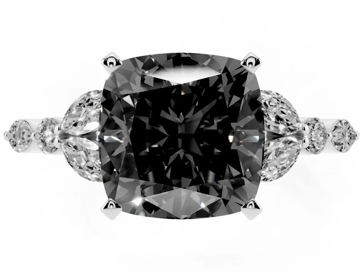 Fancy Black Cushion Cut Diamond Solitaire Ring with Side Stones and Four-Prong Setting Platinum