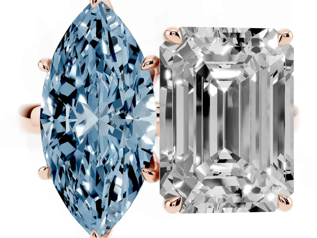 Fancy Blue Marquise Cut and Emerald Cut Toi Moi Ring with Prong Setting Rose gold
