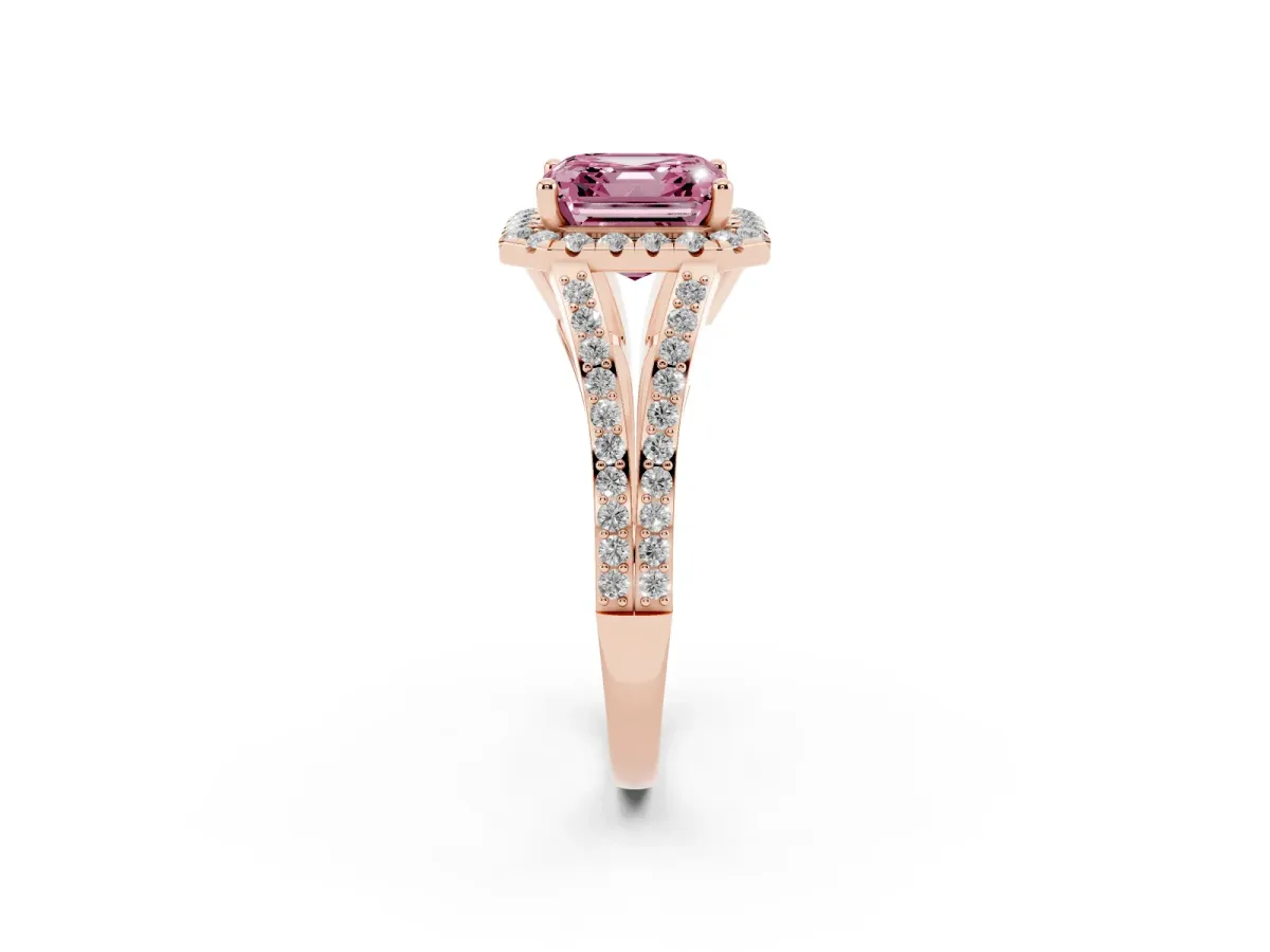 Fancy Pink Asscher Cut Halo Split Shank Diamond Ring with Prong Setting Rose gold