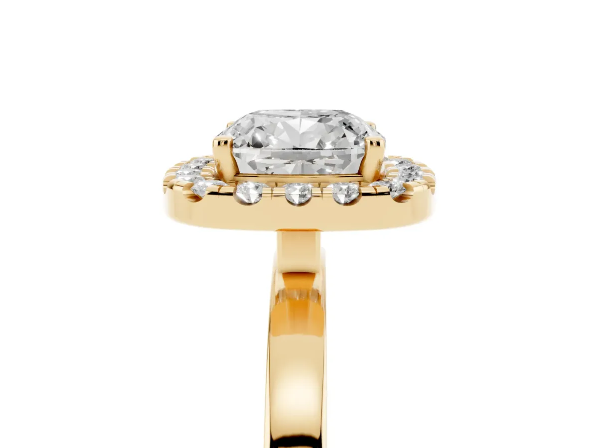 Cushion Cut Halo Diamond Solitaire with Pavé Band and Four-Prong Setting Yellow gold