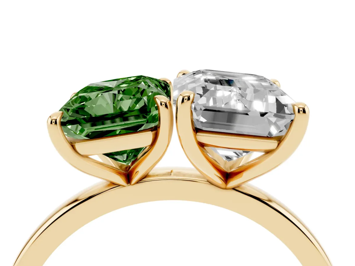 Fancy Green Radiant Cut and Emerald Cut Toi Moi Ring with Prong Setting Yellow gold