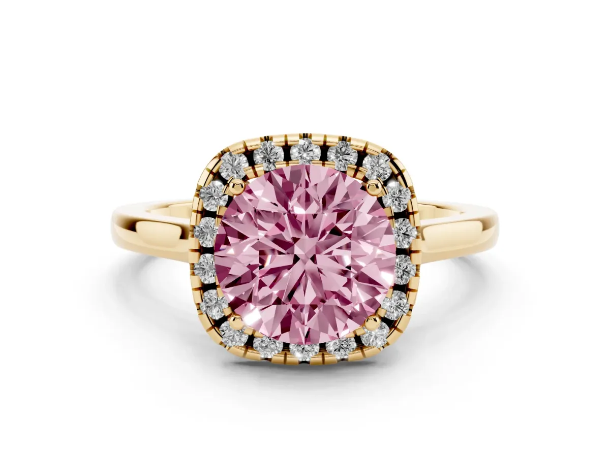 Fancy Pink Round Cut Halo Round Diamond Solitaire Ring with Pavé Band and Four-Prong Setting Yellow gold