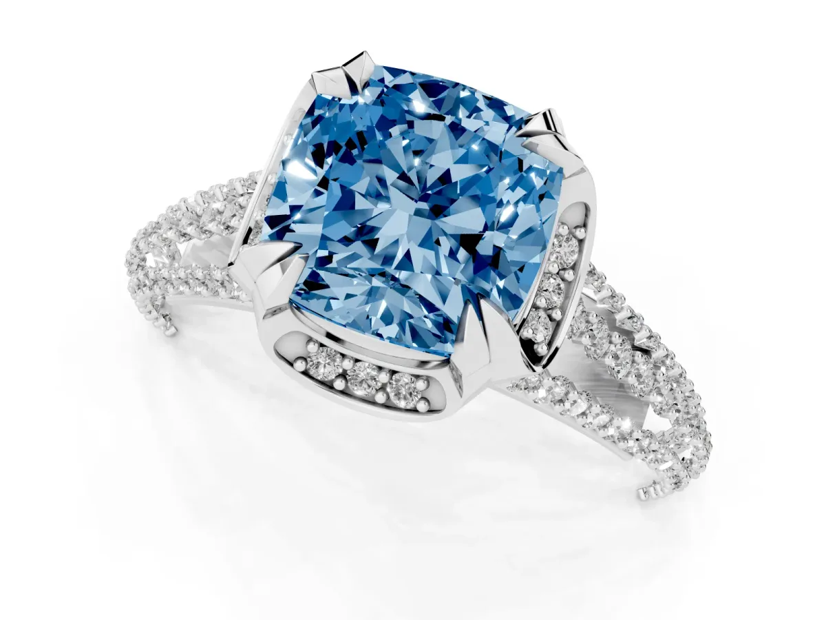 Fancy Blue Cushion Cut Solitaire Pave Split Shank Ring with Four-Prong Setting White gold