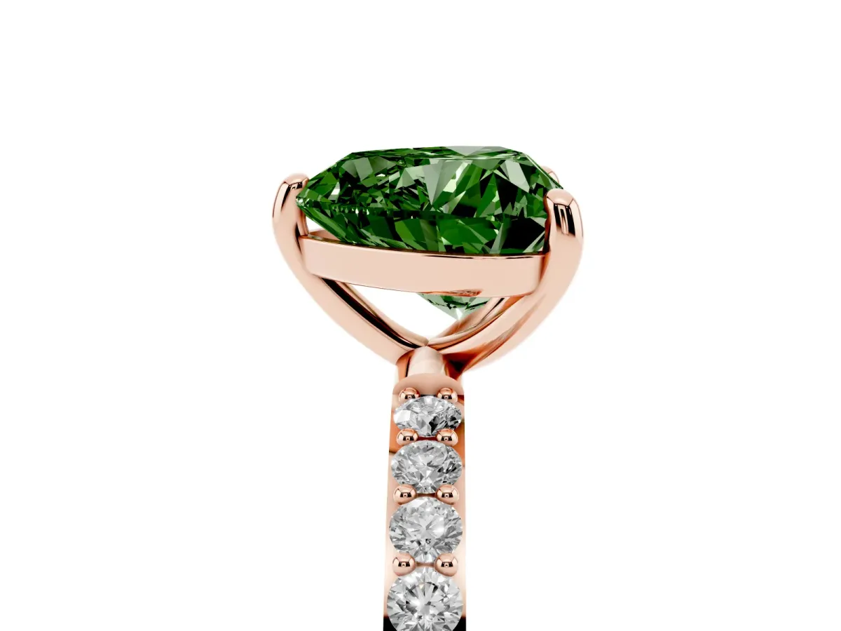 Fancy Green Heart Cut Diamond Solitaire Ring with Round Pavé Band and Prong Setting Rose gold