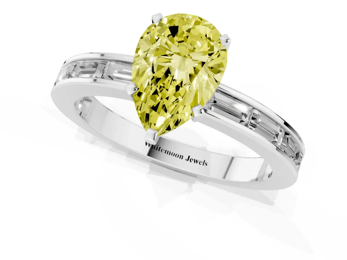 Fancy Yellow Pear Cut Solitaire Diamond Ring with Channel-Set Baguette Band and Four-Prong Setting Silver