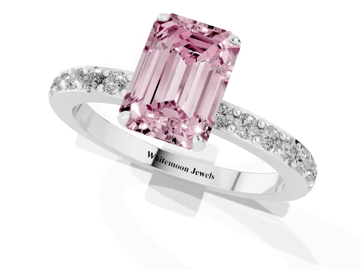 Fancy Pink Emerald Cut Diamond Pavé Engagement Ring with Round Accents and Prong Setting White gold