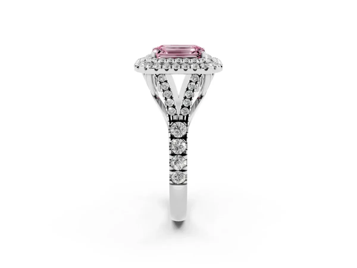 Fancy Pink Emerald Cut Diamond Pavé Split Shank Double Halo Engagement Ring Platinum