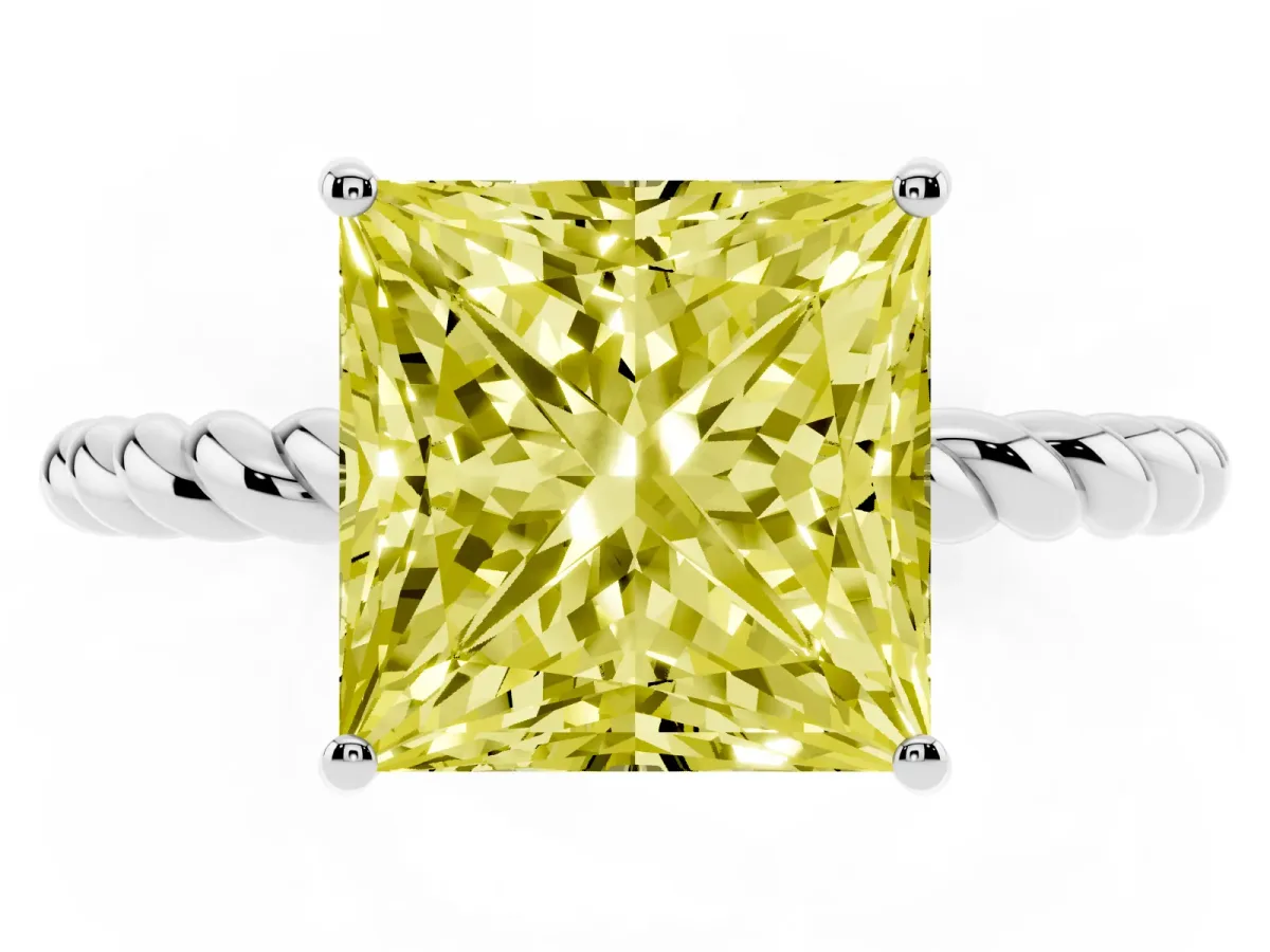 Fancy Yellow Princess Cut Solitaire Twisted Band 4-Prong Ring Platinum