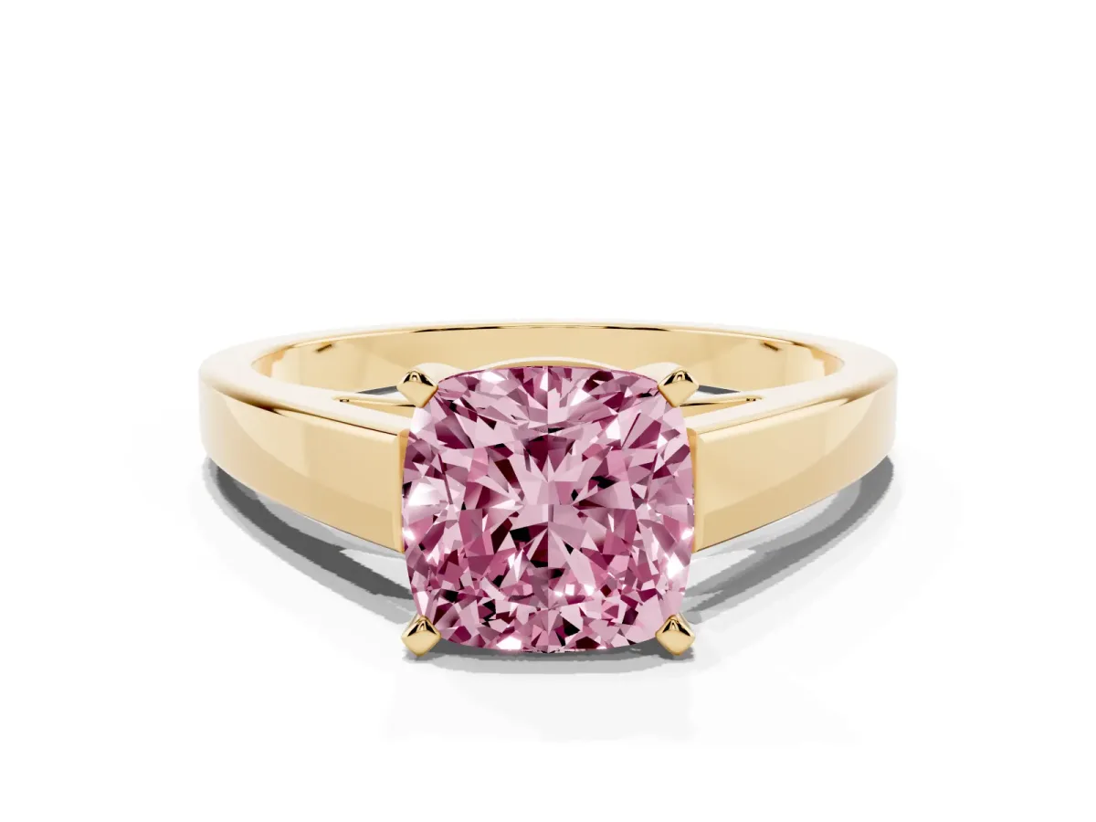 Fancy Pink Cushion Cut Solitaire Engagement Ring with Four-Prong Setting and Tapered Band Yellow gold