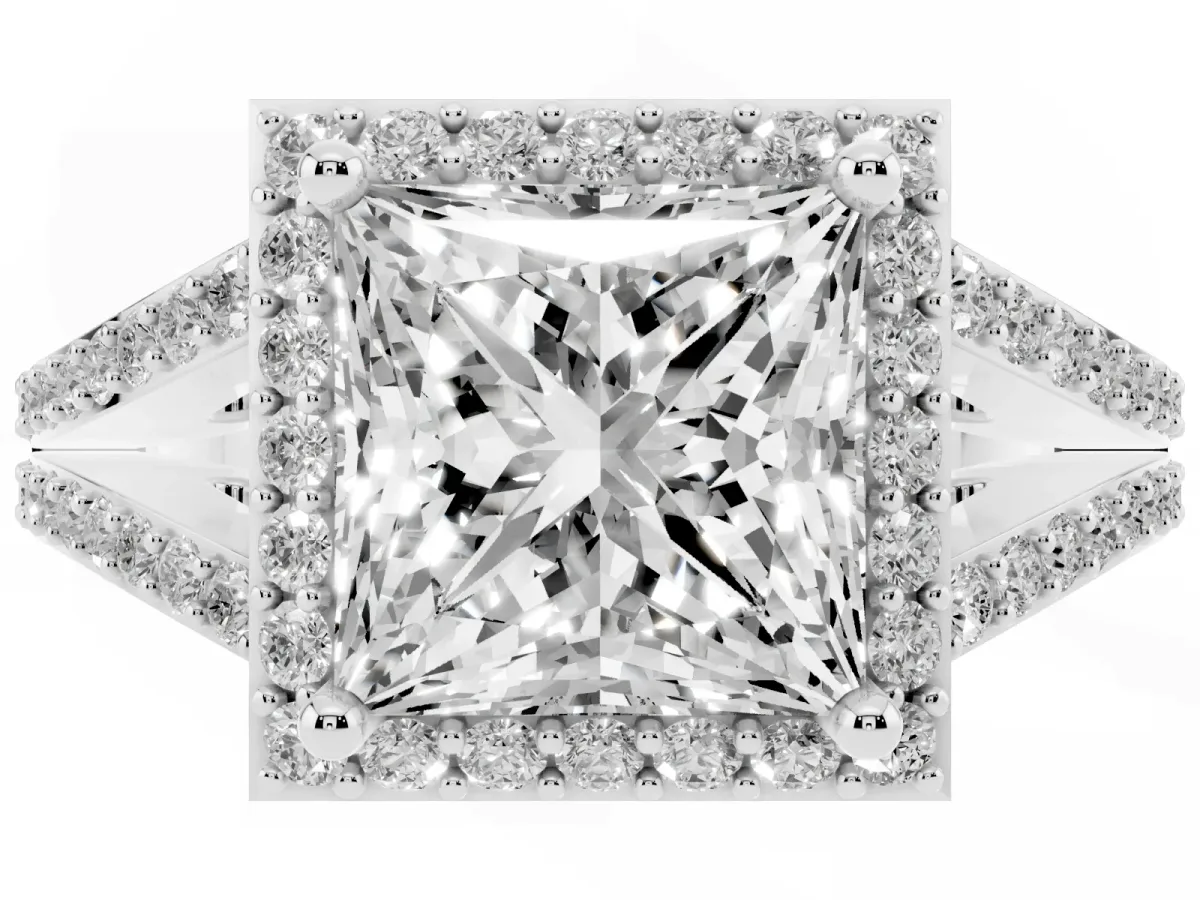 Princess Cut Halo Split Shank Pave Diamond Ring with Four-Prong Setting Platinum