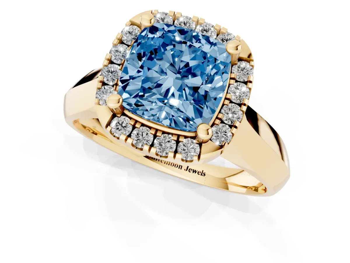 Fancy Blue Cushion Cut Cut Halo Solitaire Engagement Ring with Square Band and Four-Prong Setting Yellow gold