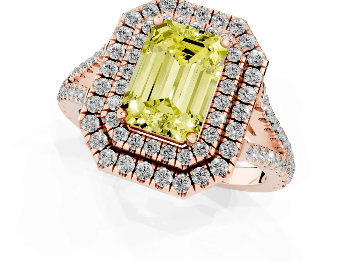 Fancy Yellow Emerald Cut Diamond Double Halo Ring with Pavé Band and Prong Setting Rose gold