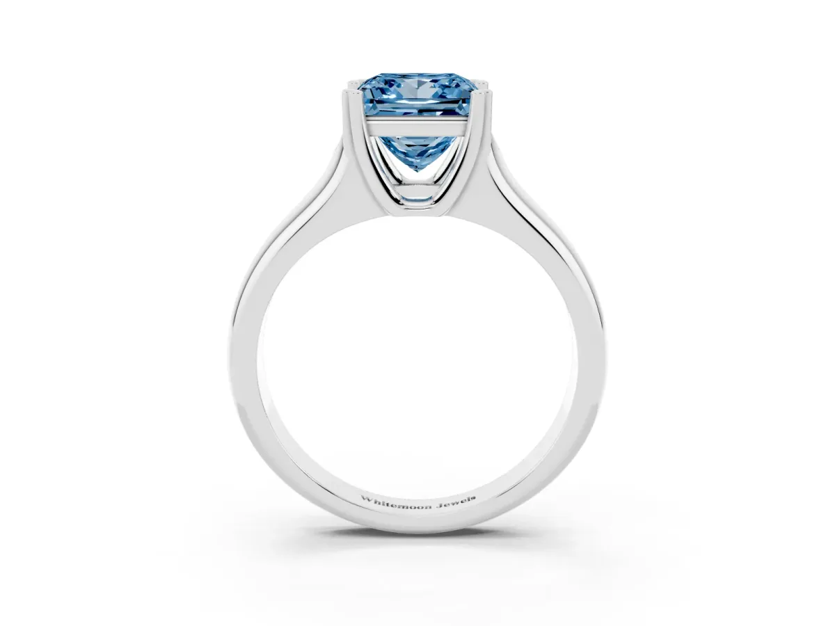 Fancy Blue Princess Cut Diamond Solitaire Ring with Wide Band and Prong Setting Platinum