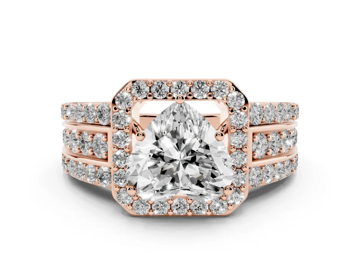 Heart Cut Halo Diamond Ring with Round Split Shank and Prong Setting Rose gold