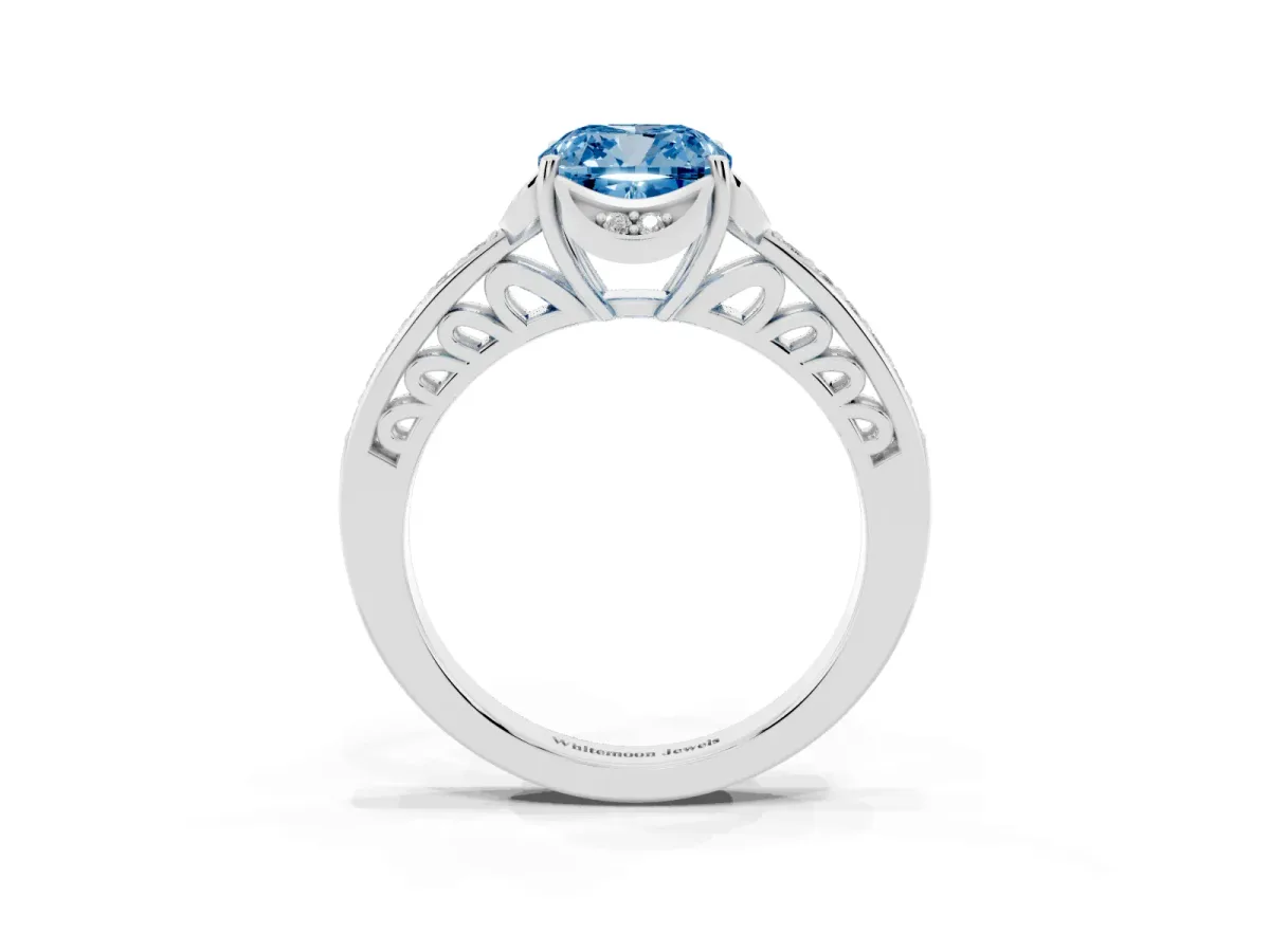 Fancy Blue Cushion Cut Cut Halo Diamond Ring with Channel Set Band and Four-Prong Setting Silver