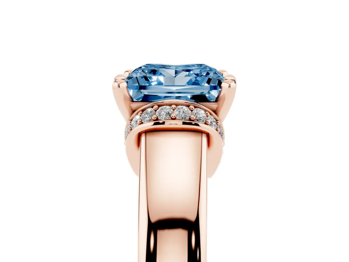 Fancy Blue Princess Cut Solitaire Diamond Ring with Pave Band and Six-Prong Setting Rose gold