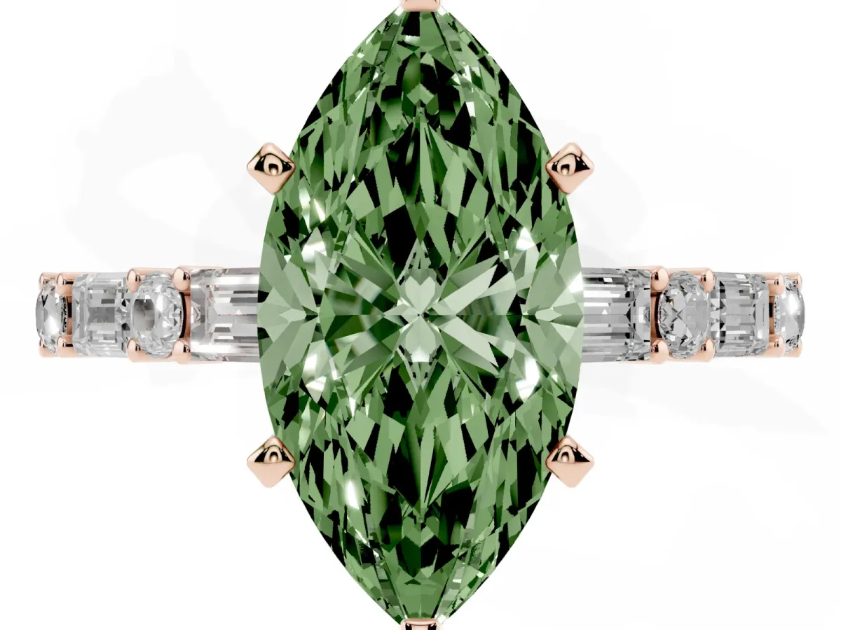 Fancy Green Marquise Cut Diamond Solitaire with Side Baguettes and Channel Set Band Rose gold