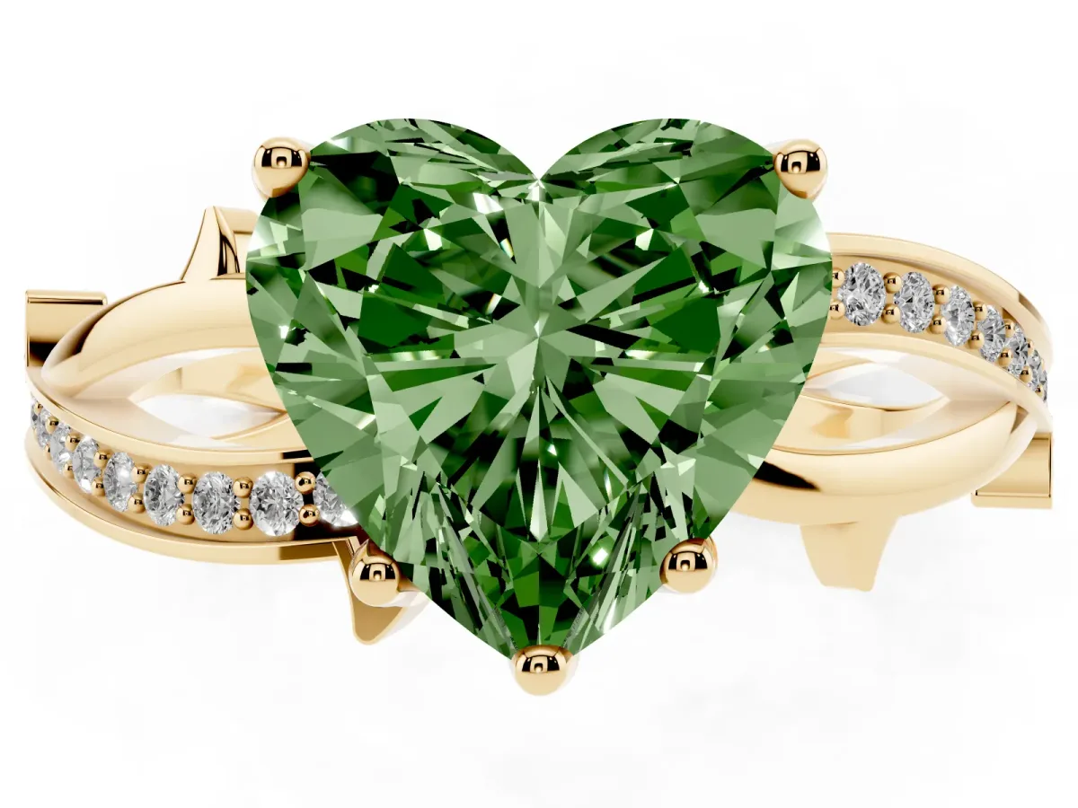 Fancy Green Heart Cut Solitaire Twist Band with Pavé Accents and Four-Prong Setting Yellow gold