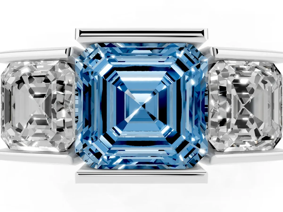 Fancy Blue Three Stone Asscher Cut Cut Channel Set Diamond Ring Platinum