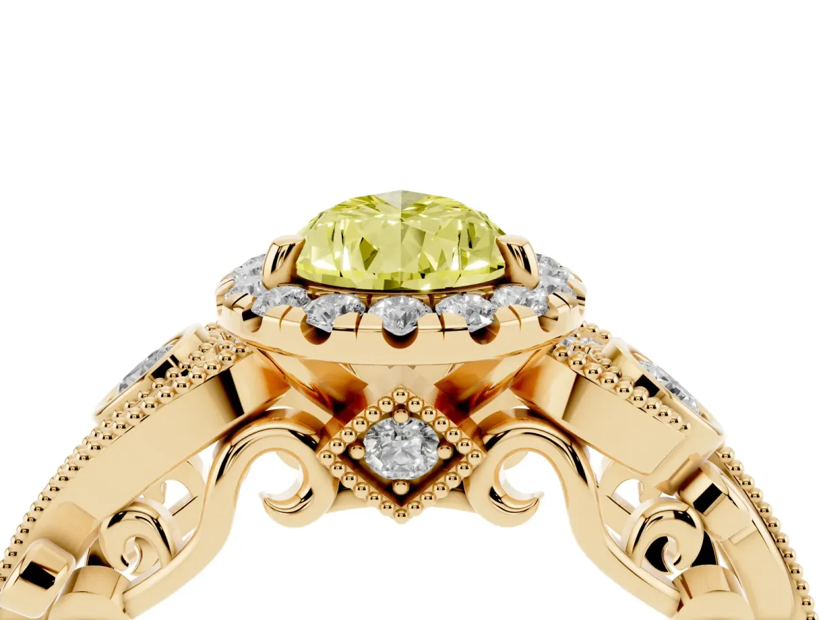 Fancy Yellow Pear Cut Diamond Halo Ring with Milgrain Pavé Band and Four-Prong Setting Yellow gold
