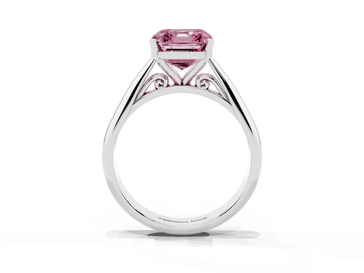 Fancy Pink Asscher Cut Diamond Solitaire Engagement Ring with Cathedral Setting and Four-Prong Mount Silver