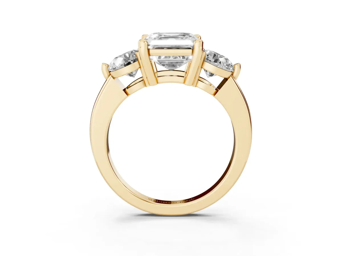 Three-Stone Asscher Cut Brilliant Cut Solitaire Ring with Prong Setting on a Classic Band Yellow gold