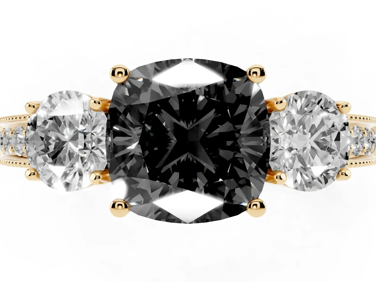 Fancy Black Cushion Cut Three-Stone Diamond Ring with Pavé Band and Four-Prong Setting Yellow gold