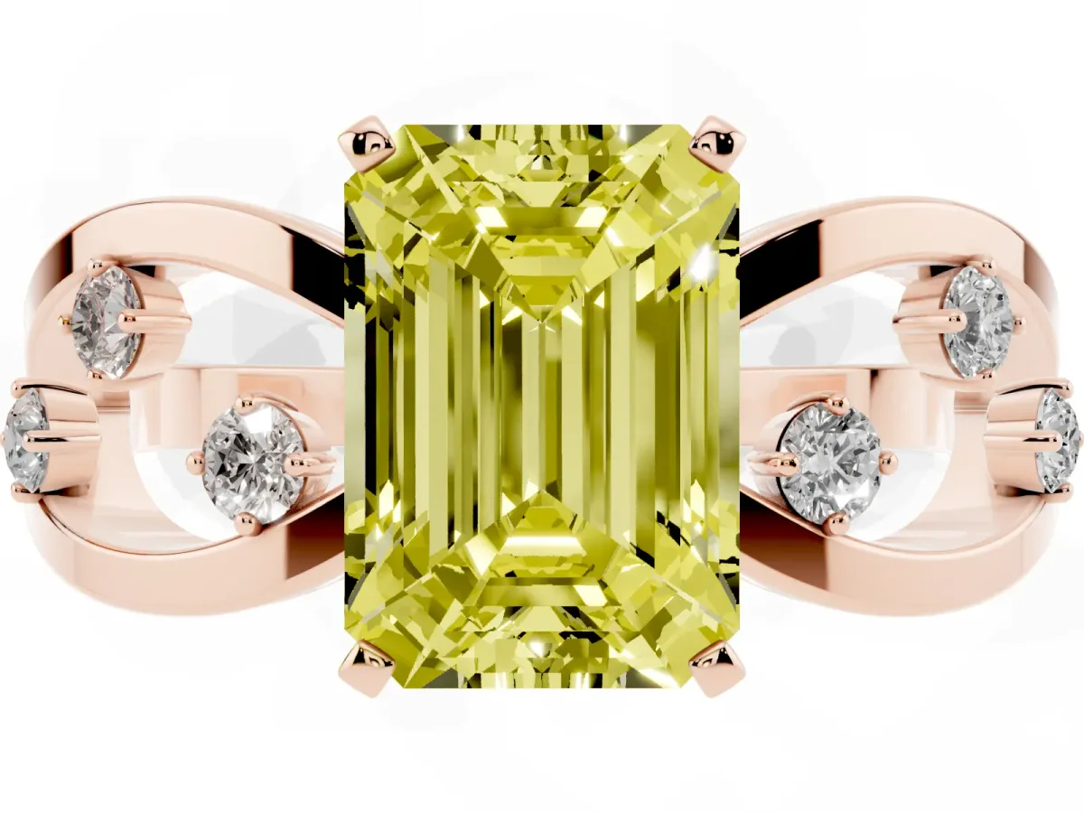 Fancy Yellow Emerald Cut Cut Solitaire Diamond with Side Stones on Criss-Cross Band and Four-Prong Setting Rose gold
