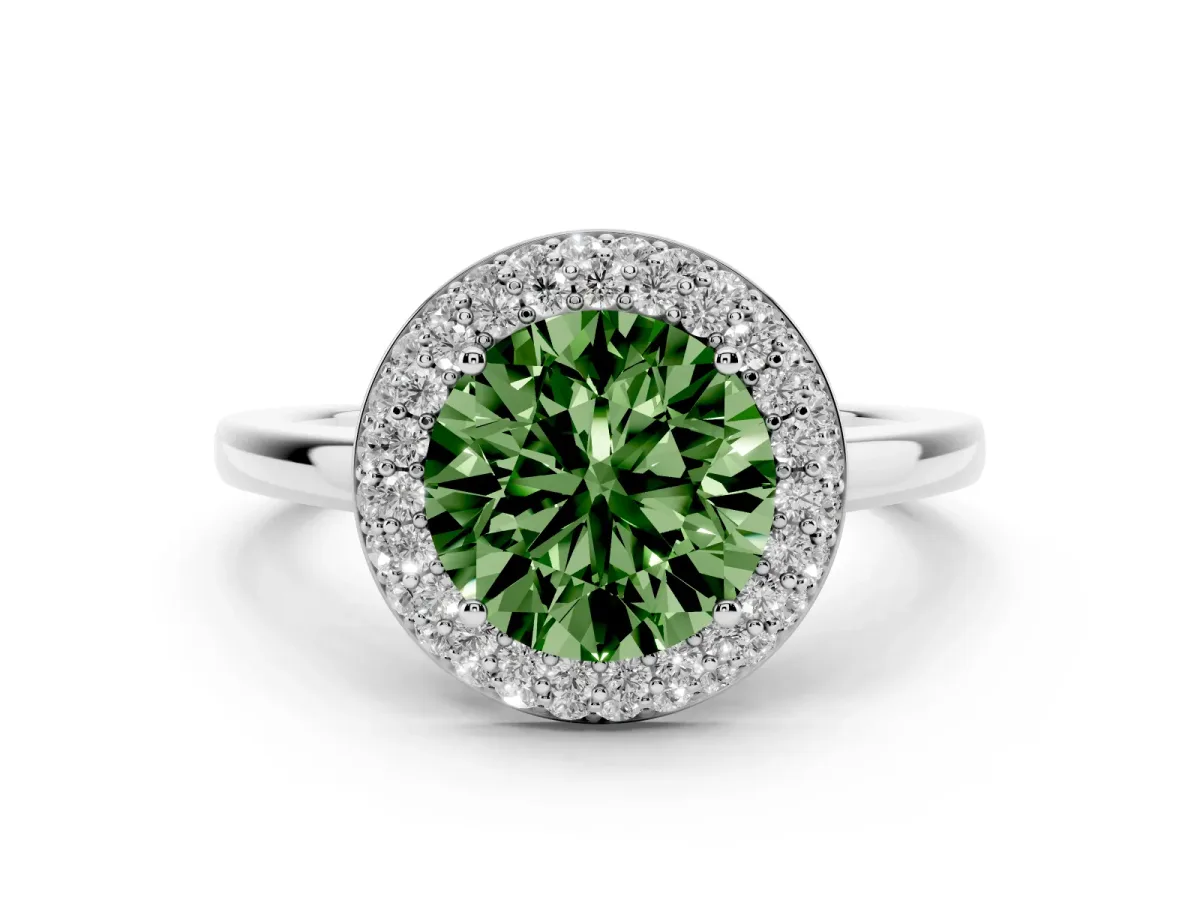 Fancy Green Round Cut Halo Diamond Engagement Ring with Solitaire Band and Four-Prong Setting Platinum