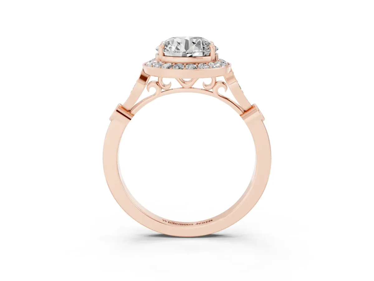 Round Cut Halo Diamond Engagement Ring with Twisted Band and Four-Prong Setting Rose gold