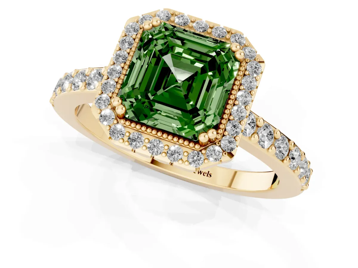 Fancy Green Asscher Cut Cut Diamond Halo Engagement Ring with Milgrain Detail and Pavé Band Yellow gold
